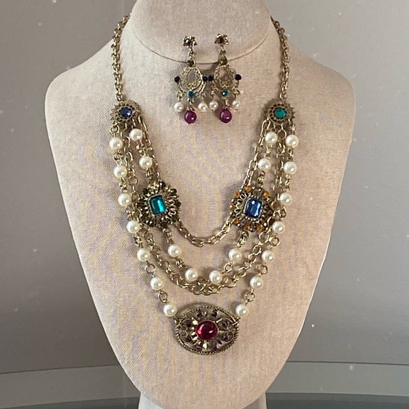 3 Strand Multi Stone Vintage Style Necklace & Matching Earrings - Picture 2 of 14